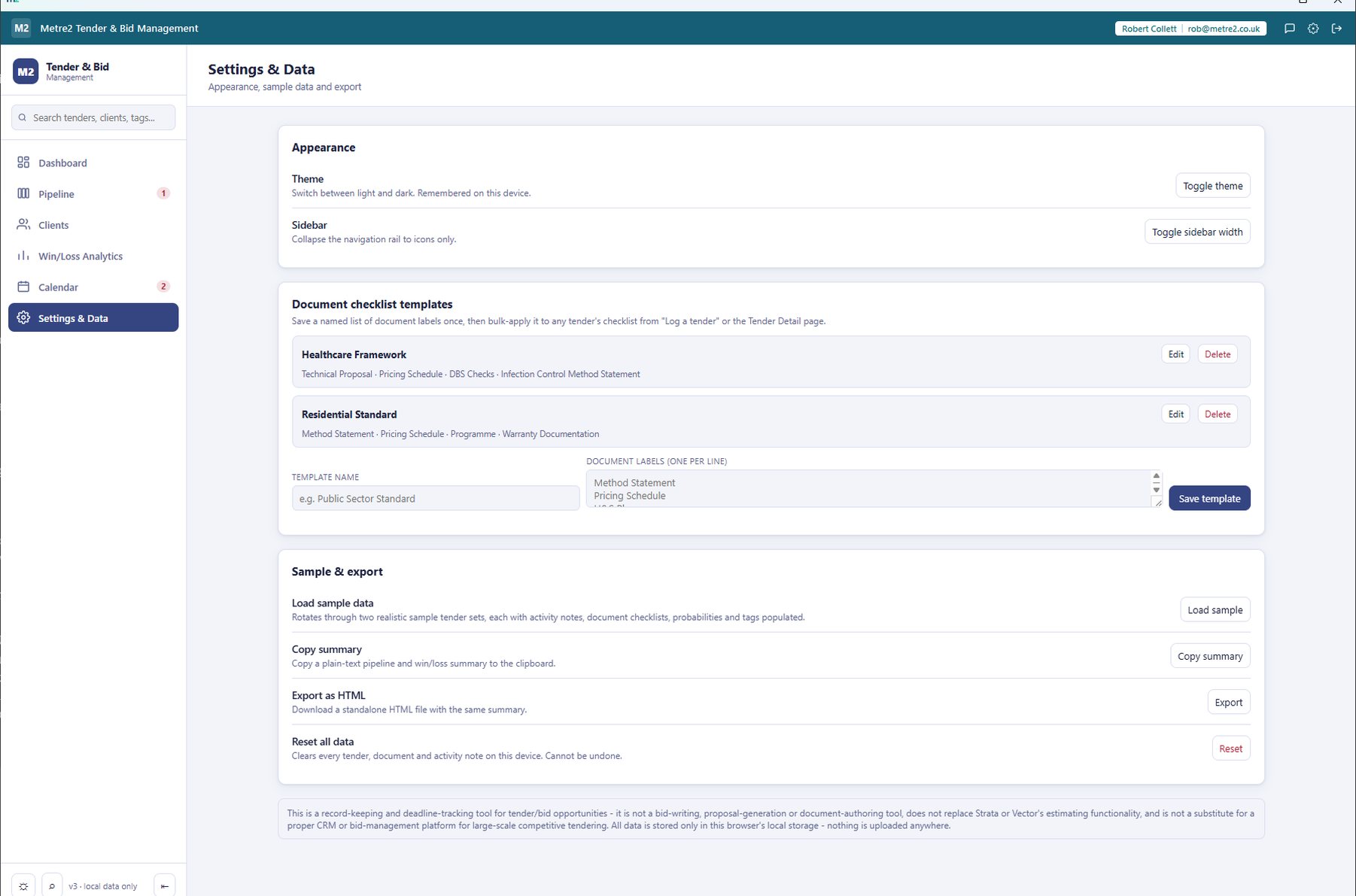 Tender & Bid Management's Settings & Data page showing checklist templates and sample/export controls