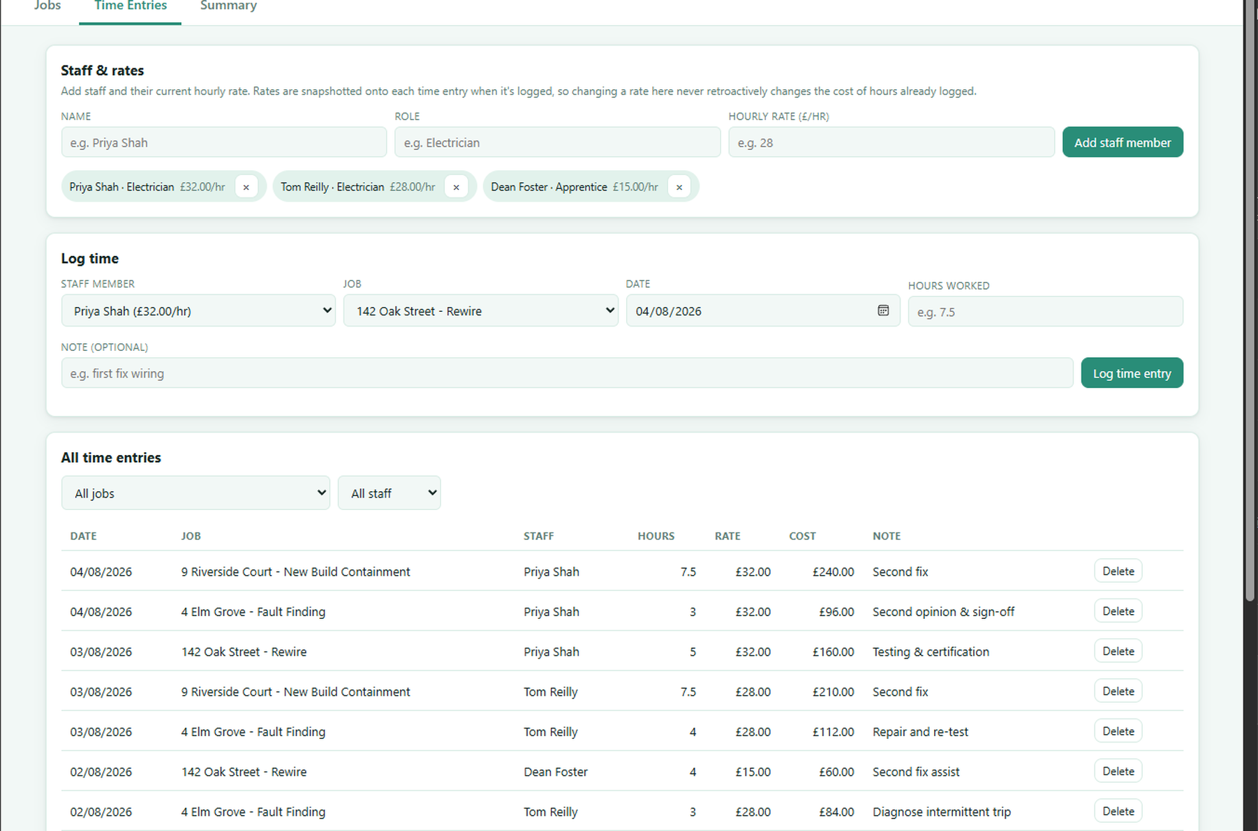 Timesheet & Job Costing's Time Entries tab showing staff rates and the log-time form