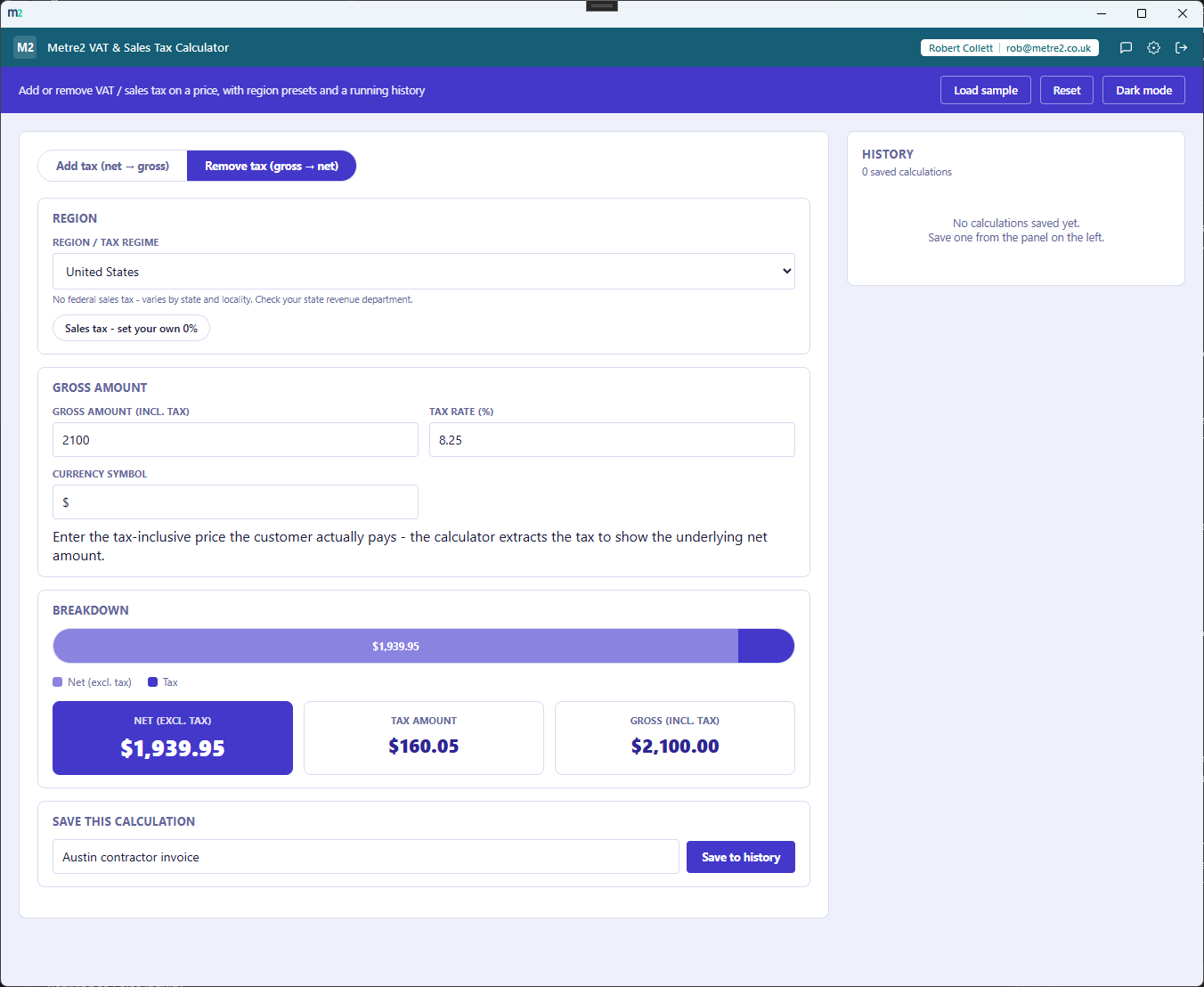 Metre2 VAT & Sales Tax Calculator's Remove tax mode, showing a tax-inclusive gross price broken back down into net amount and tax