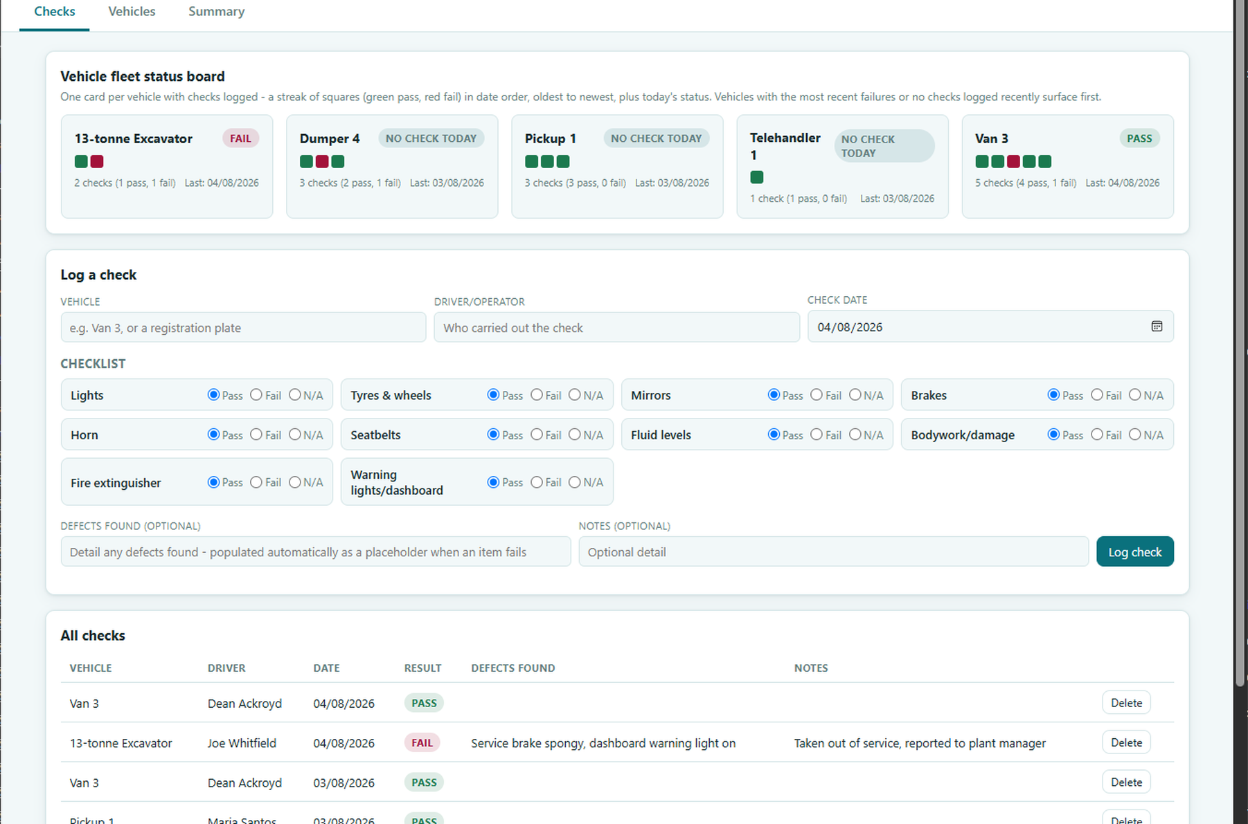 Vehicle Daily Check Log's Checks tab showing the vehicle fleet status board and the log-a-check form
