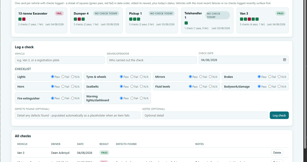 Metre2 Vehicle Daily Check Log showing the vehicle fleet status board
